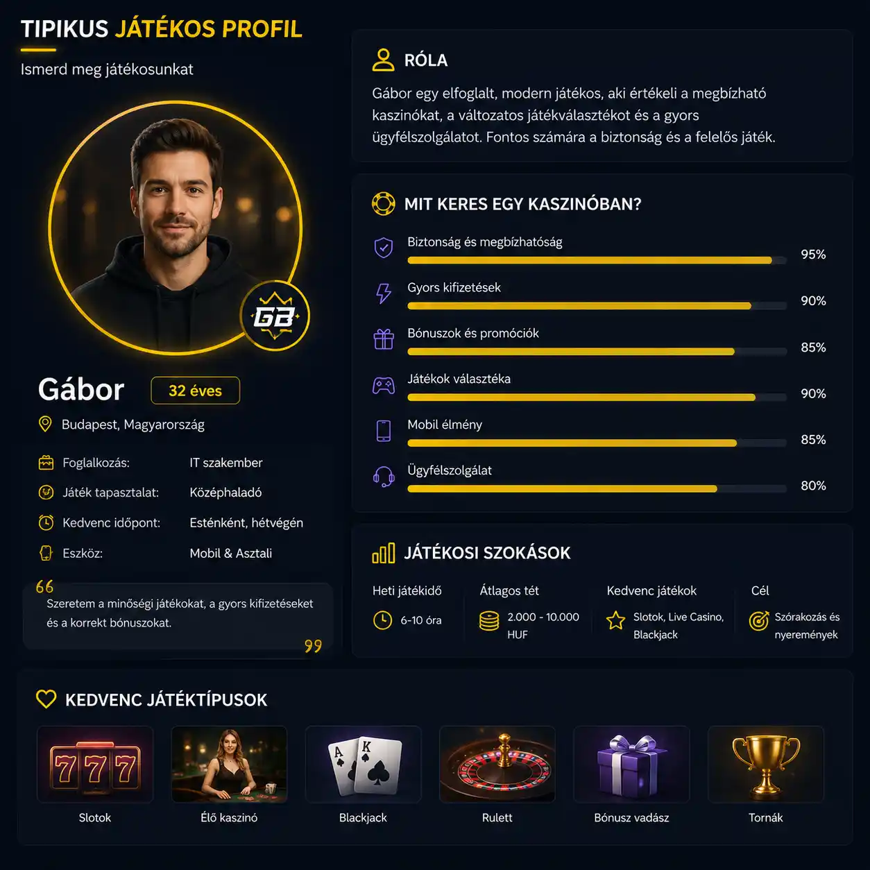 Tipikus Goldbet játékos profil illusztráció