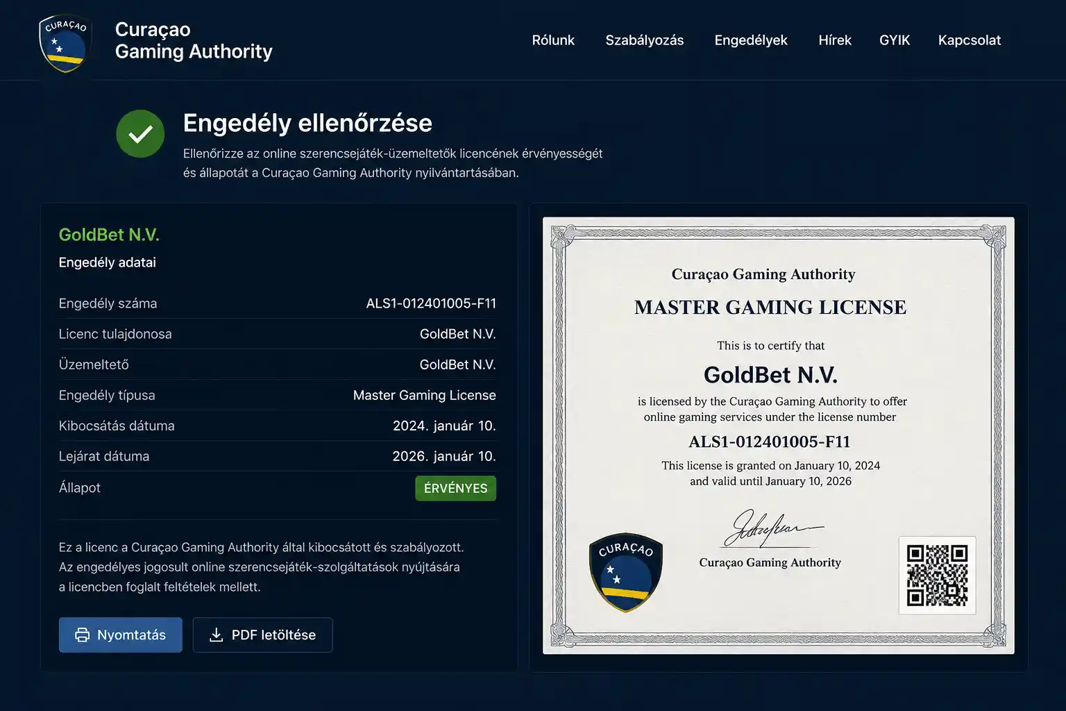 Goldbet Curaçao Gaming Authority licenc igazolása