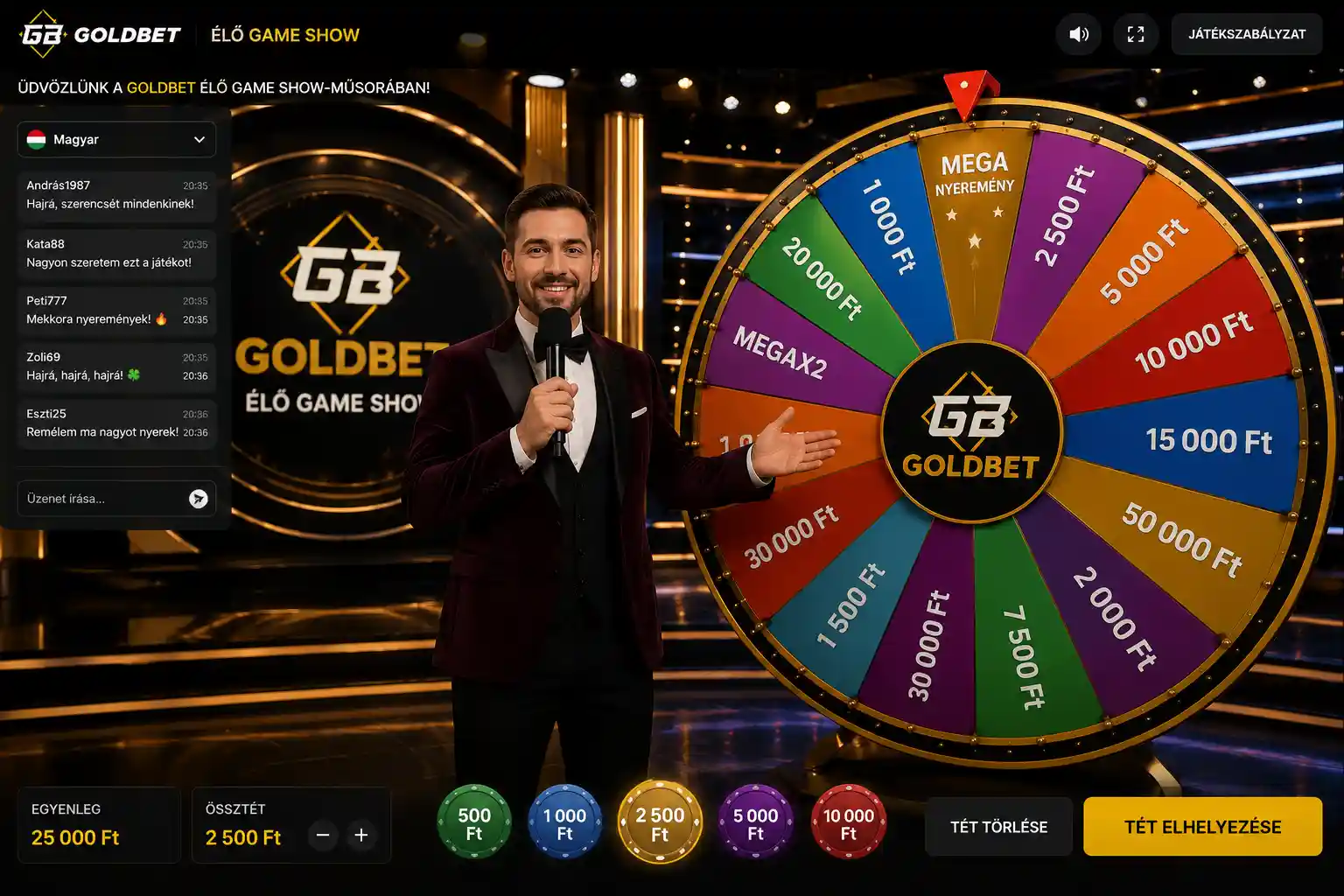Game show stúdió forgó kerékkel és élő műsorvezetővel