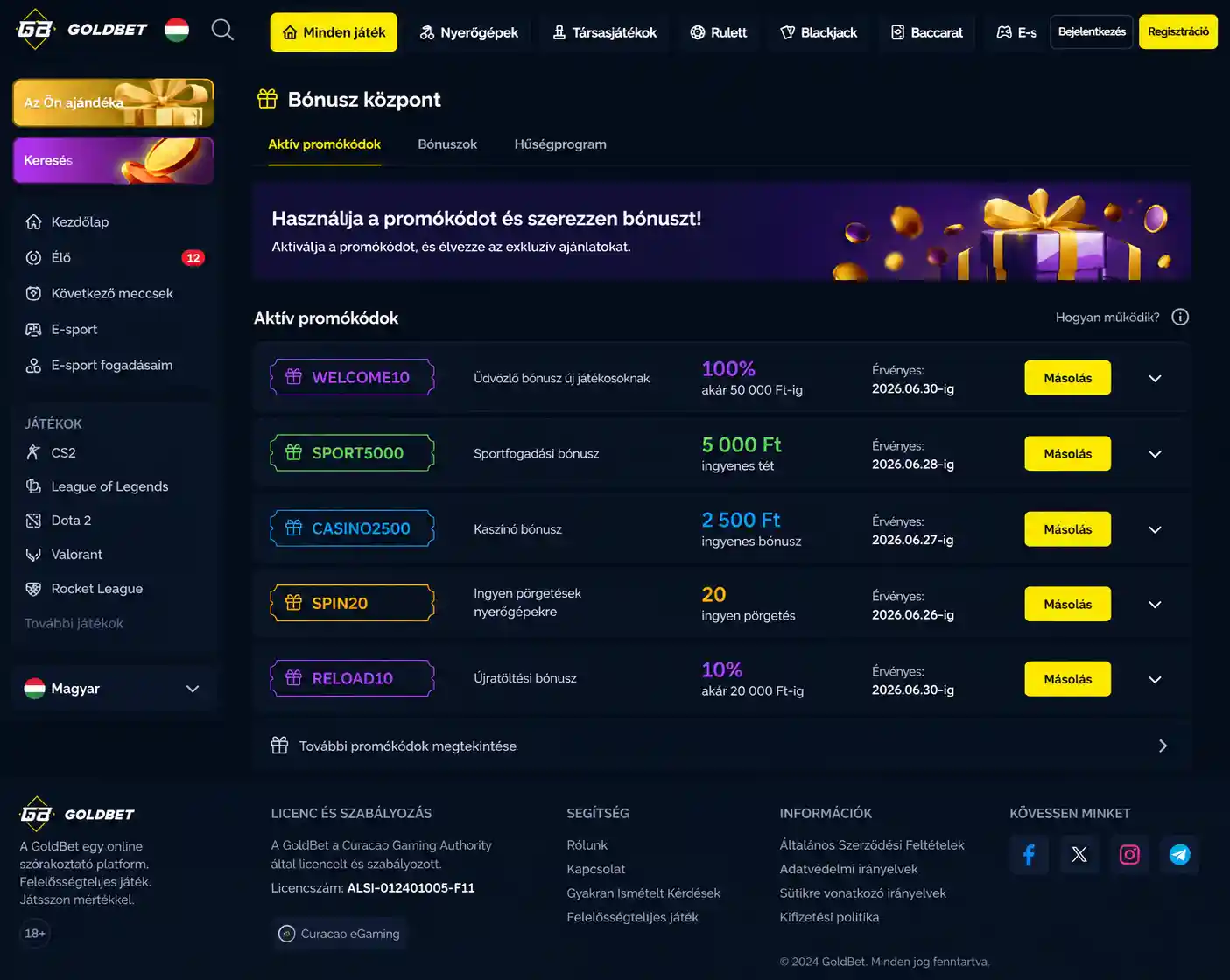 Goldbet bónuszközpont főoldala az aktív promóciós kódokkal