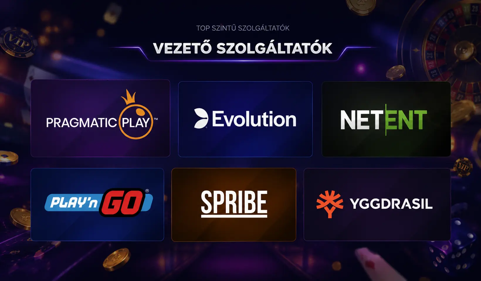 Goldbet Casino szoftverszolgáltatók logói — Pragmatic Play, Evolution, NetEnt, Spribe