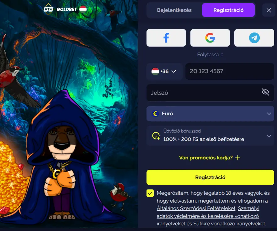 Goldbet Casino regisztrációs űrlap és közösségi belépés gombok