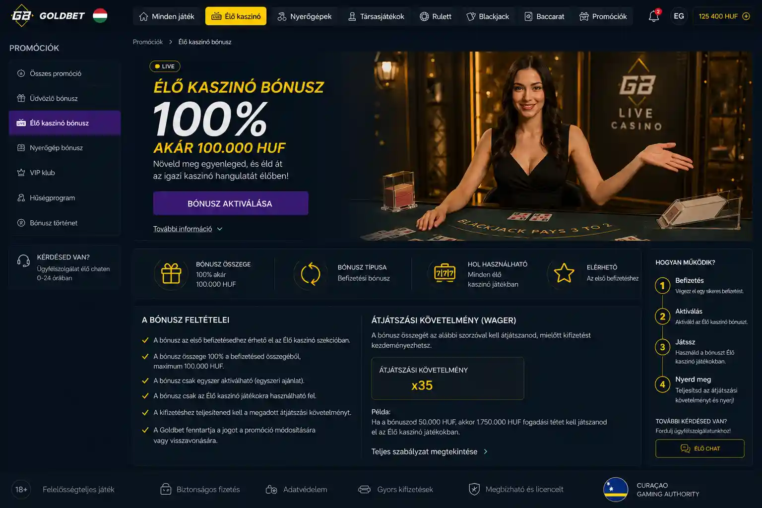 Promóciós felület live casino bónusz feltételekkel és megforgatási követelménnyel