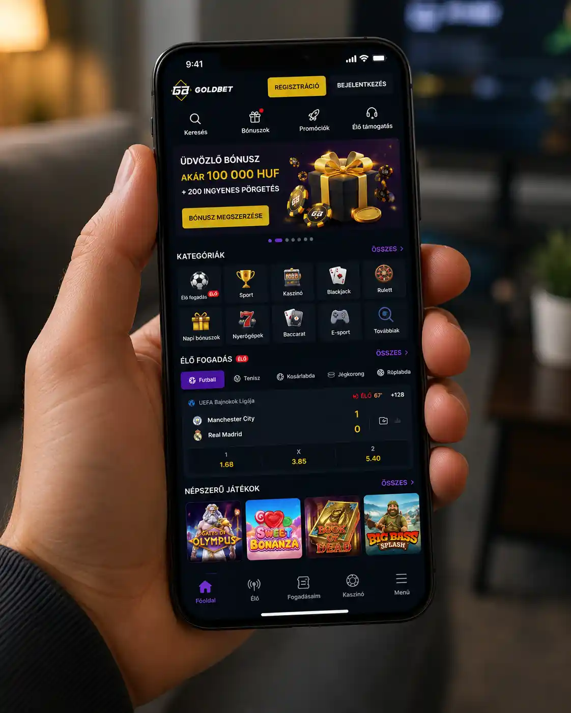 Goldbet mobilalkalmazás felülete okostelefonon