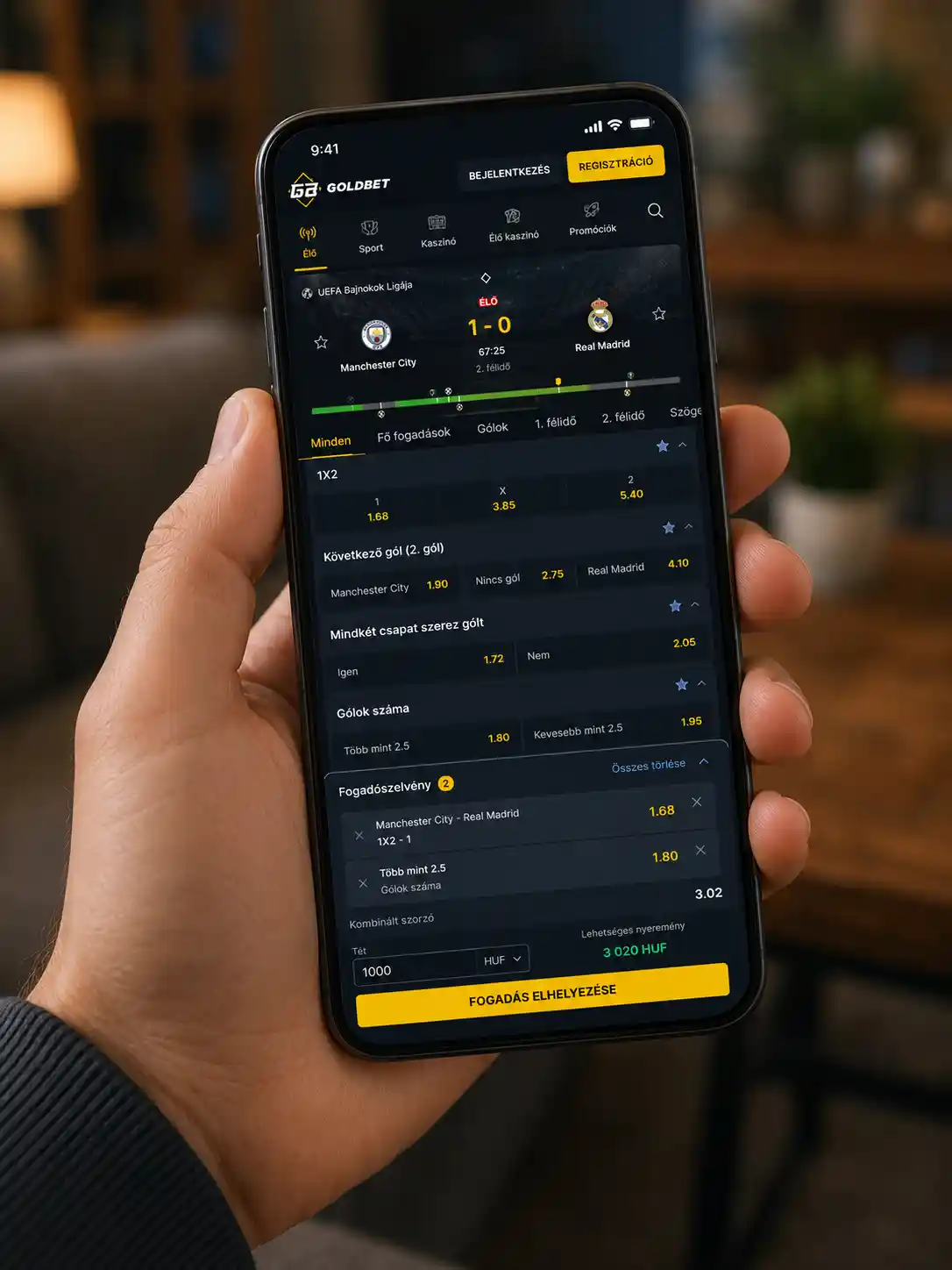 Mobil felület live odds-táblával és tétleadási panellel
