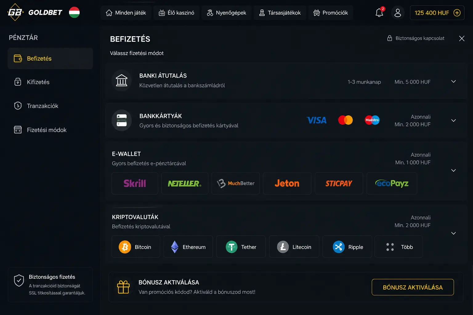 Fizetési módok listája a pénztár felületén